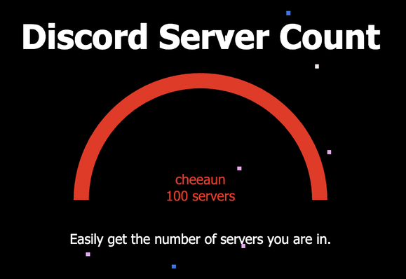 Large heading: "Discord Server Count". Below is a thick red semicircular gauge; centered beneath it in small text is "cheeaun" and "100 servers". At the bottom: "Easily get the number of servers you are in."