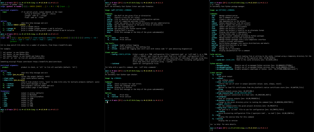 Three terminal windows: first shows the help for argparse CLIs, with headings, options and arguments in different colour. The next is ruff and ty, with similar but different colour scheme. And the last window is uv with the same colour scheme as ruff and ty.