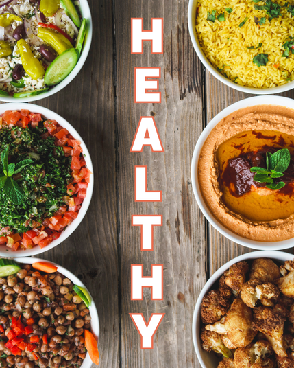 Mediterranean healthy food collage with salads, hummus, roasted vegetables, and rice, featuring the word ‘HEALTHY’ in bold — Aladdin Mediterranean Cuisine Houston.