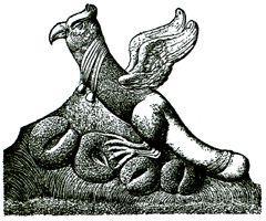 Engraving of a Roman bas relief found on a monument at Nîmes, France in 1825. It shows a crested bird creature with a penis-shaped tail with a belled. It sits upon a nest of egg-like vulvas.