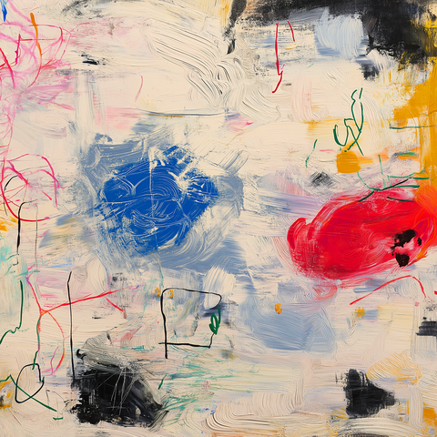 This artwork has a loose, spontaneous energy—like a conversation between color and motion. Broad, sweeping strokes in soft creams and pale blues form the backdrop, giving the whole piece a hazy, atmospheric feel. At the center-left, a dense cobalt-blue shape swirls with layered brush textures, while to the right a vivid red form bursts forward with more assertive movement. Small accents—thin scribbles of green, pink, and black—add a sense of nervous, restless linework, almost like fleeting thoughts sketched into the paint. Despite the splashes of bold color, the composition feels open and airy because so much of the canvas is left in lighter tones.