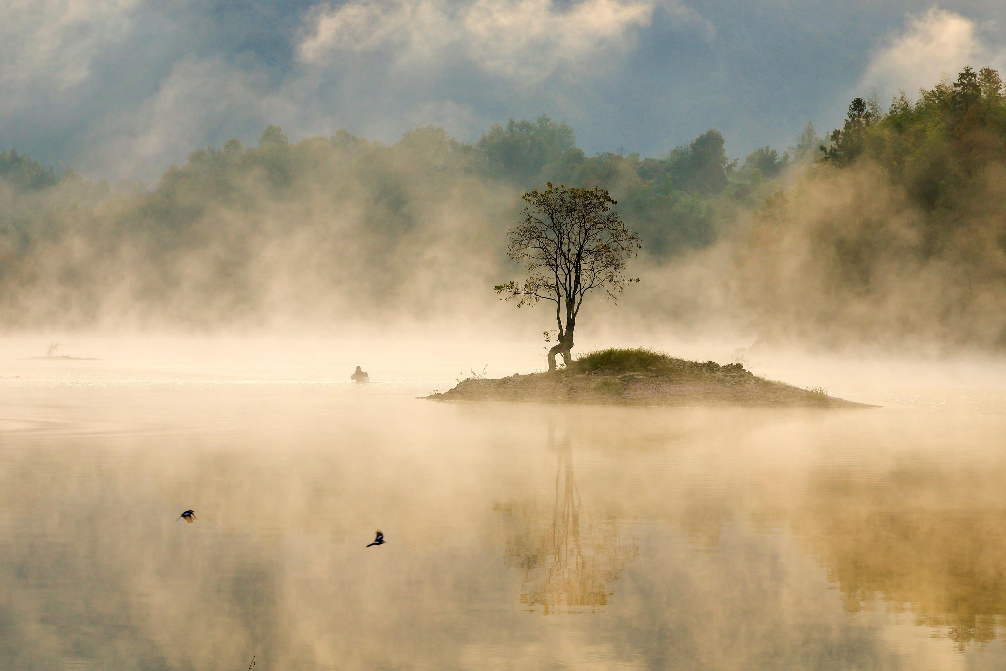 An islet is shrouded in morning mist over the lake.