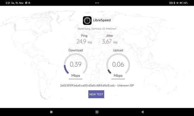 Screenshot von librespeed Download 0,39 Mbps/ 0,06 Mbps Upload , ping & jitter ok