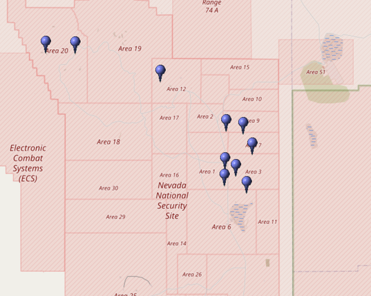 Kartierung aller Koordinaten von "Operation Aqueduct (Atomtest)" im Testgebiet Nevada (Nevada National Security Site, NNSS)
Quelle: OpenStreetMap
Lizenz: Open Data Commons Open Database-Lizenz (ODbL)