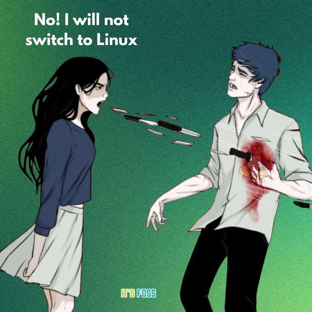 There is a person on the left saying, "No! I will not switch to Linux", with knives coming out of their mouth.
On the right is another person getting hit with said knives, with Tux, the mascot of Linux, being hit specifically on their chest; they are also bleeding from where the knives hit.