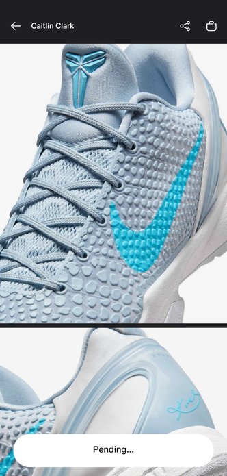 Close-up detail photos of the Kobe 6 Protro 'Caitlin Clark' PE as presented within the Nike SNKRS app.