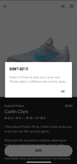 Screenshot of a pop-up message in the Nike SNKRS app that says: "DIDN'T GET IT"