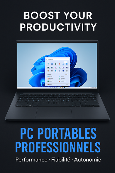 Ordinateur portable professionnel affichant Windows sur un fond sombre, avec le texte “Boost Your Productivity – PC Portables Professionnels”, mettant en avant performance, fiabilité et autonomie.
