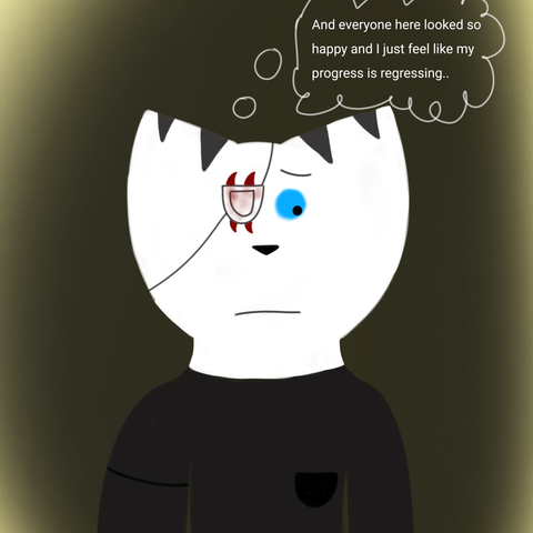 Drawing of Minea looking down sadly and says "And everyone here looked so happy and I just feel like my progress is regressing.." in their mind. The background is in yellowish color but there is dark aura around Minea, symbolizing how they feel