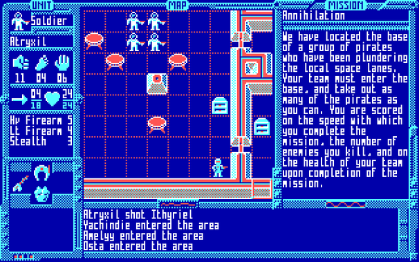 Soldier Atryxil's main skill is Heavy Firearms, allowing effective use of the Laser Rifle. Level 5 in a skill gives a near-certain chance of success, specifically a 35 in 36 chance.