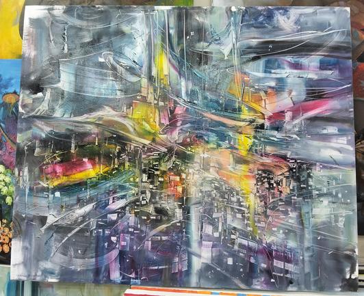 a painting of a cityscape, colored whirling through, some buildings blurry and transparent, some clear, lots of silver and blue and yellow and blue and some red and purple 