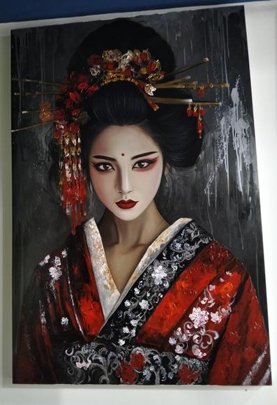 a painting of a woman in northeast asian dress, her black hair pinned up, looking at the viewer, her dress red with floral embellishment designs in white on it , she has pins and ornaments in her hair 