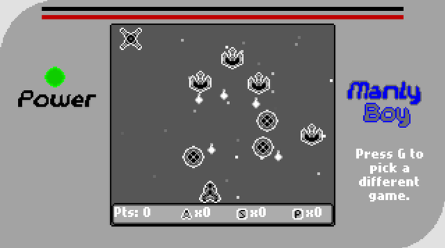A screenshot of a GameBoy style retro vertical shooter, There is a mock GameBoy style border featuring a power light and the name Manly Boy. The game has a player space ship fighting various enemy ships.