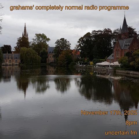 Shot of Bruges overlooking the water.

Orange text overlaid promoting a radio show, details in the main post.