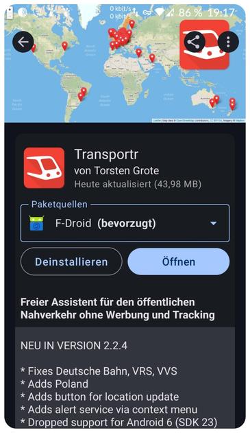 Screenshot von Transportr aus dem F-Droid Store