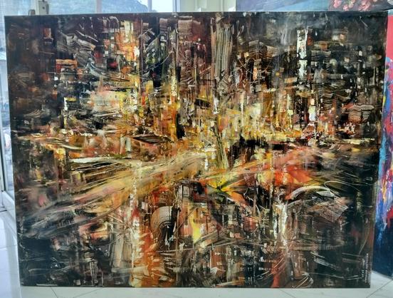 a painting of a cityscape done in amber tones, it is congested, energy swooping through from all different directions, very busy but harmonious 