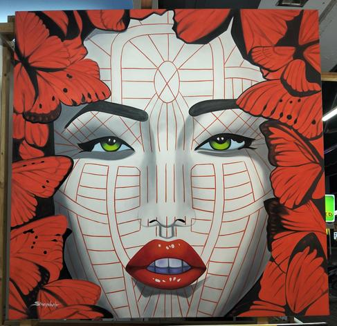 a painting of a woman with alabaster skin with minimalist red lines in grids on her face, red butterflies surrounding her face, her eyes bright green 