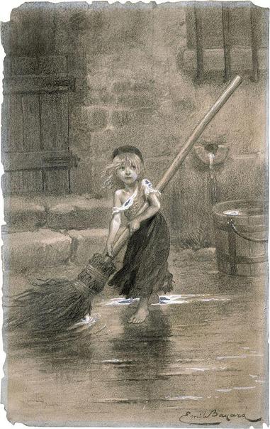a sketch of a girl about four or 5 years old sweeping the streets with a very large bristle broom, it is more than twice as long as her, she is wearing rags and is shoeless, a brick building behind her, she is looking to the right of the viewer 