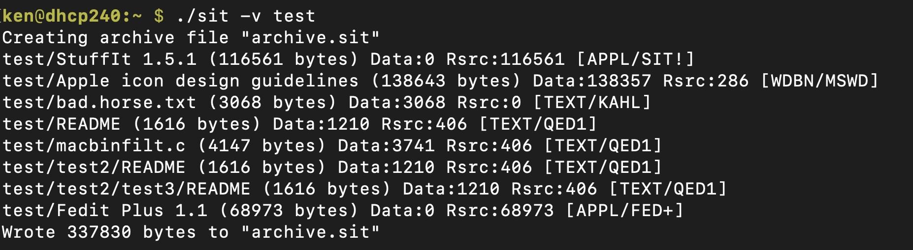 A Terminal window is showing the results of the command `sit -v test`. This is creating a StuffIt archive from a folder named "test", with verbose output. The output shows a series of files and subfolders being archived. At the end, the last line says `Wrote 337830 bytes to "archive.sit"`