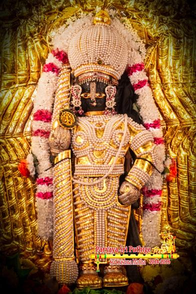 Closeup of idol of Hindu deity Krishna in pearl "chain mail" (gold undergirding), a matching dome-shaped crown, and a similarly clad staff in right hand, left hand on front left waist, wearing gold shoes. A string of white flowers (some bands of red flowers) around Krishna. An ornate gilded shield behind Krishna. The exact structure of the field is unclear (because the complete shield is not visible).