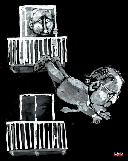 Cartoon. Lawrow fällt vom Balkon. Hinter der Balkontür das Gesicht Putins