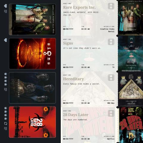 A screenshot of Recent Activity on the Letterboxd mobile app (plus customized movie ticket stubs): Rare Exports Inc., Signs, Hereditary, and 28 Days Later