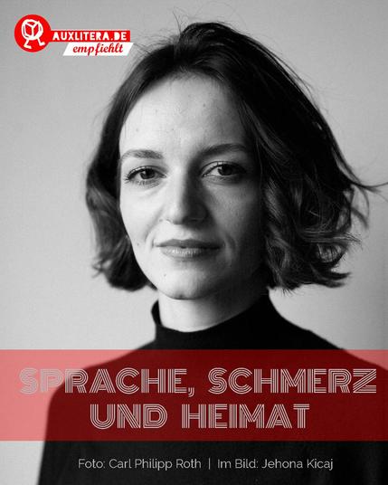 Die Autorin Jehona Kicaj im Portraitbild. Sie trägt einen dunklen Rollkragenpulli, hat kinnlange Haare und schaut direkt in die Kamera. 