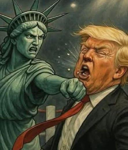 Image of Trump getting clocked in the face by Lady Liberty. 