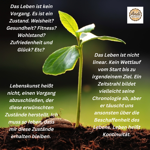 Das Leben ist kein Vorgang. Es ist ein Zustand. Weisheit? Gesundheit? Fitness? Wohlstand? Zufriedenheit und Glück? Etc? 
Lebenskunst heißt nicht, einen Vorgang abzuschließen, der mir diese Zustände ermöglicht. Ich muss so leben, dass mir diese Zustände erhalten bleiben. 
Das Leben ist nicht linear. Kein Wettlauf vom Start bis zu irgendeinem Ziel. Ein Zeitstrahl bildet vielleicht seine Chronologie ab, aber er täuscht uns ansonsten über die Beschaffenheit des Lebens. Leben heißt Kontinuität.