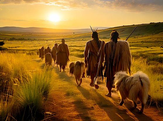 Un clan avance avec ses chiens dans les steppes d'Eurasie