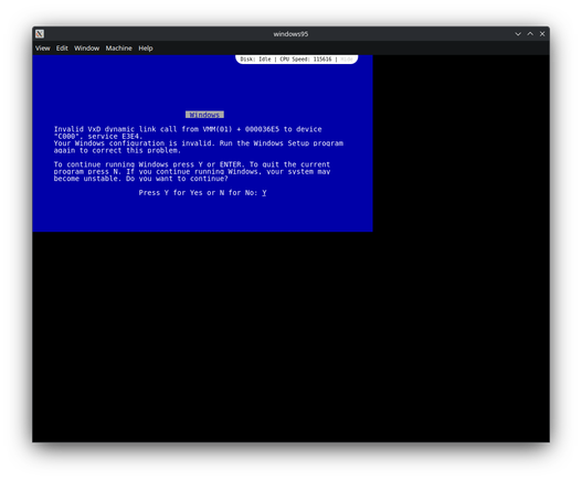 Screenshot of Windows 95 running insie a Linux app window. Showing a Blue Screen of Death.