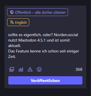 screenshot, der zeigt, dass der Button "English" gelb-orange eingefärbt wird, weil der Eingabetext nicht Englisch ist.