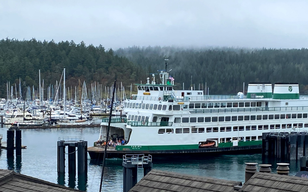 Washington state ferry M/V Yakima arriving at the Friday Harbor landing on San Juan Island on a misty afternoon.