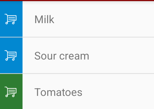 A screenshot of a shopping list app with three items, each having a simple white outline of a grocery cart on a colorful background.