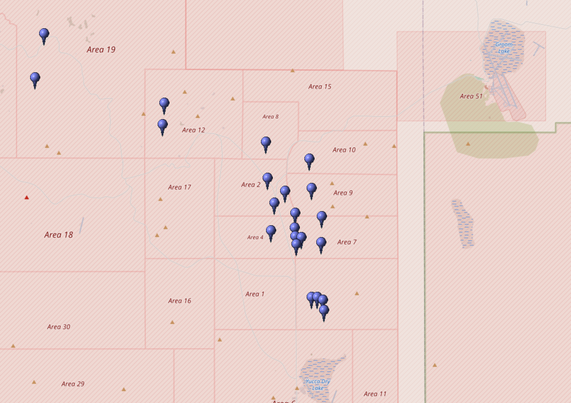Kartierung aller Koordinaten von "Operation Cresset (Atomtest)" im Testgebiet Nevada (Nevada National Security Site, NNSS)
Quelle: OpenStreetMap
Lizenz: Open Data Commons Open Database-Lizenz (ODbL)