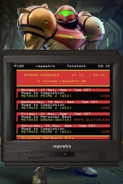 Stream schedule as a teletext on a CRT in front of the game cover of Metroid Prime Remastered.