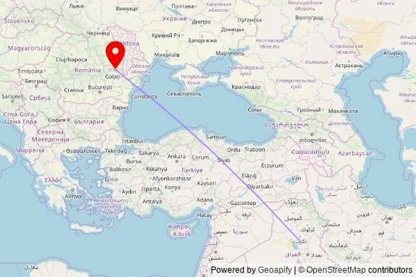 A map showing the great circle route from Qaryat al Abbasiyah in Iraq to a map pin at Biserica „Nașterea Maicii Domnului", Strada Ana Ipătescu 33, 803500 Tecuci, Romania