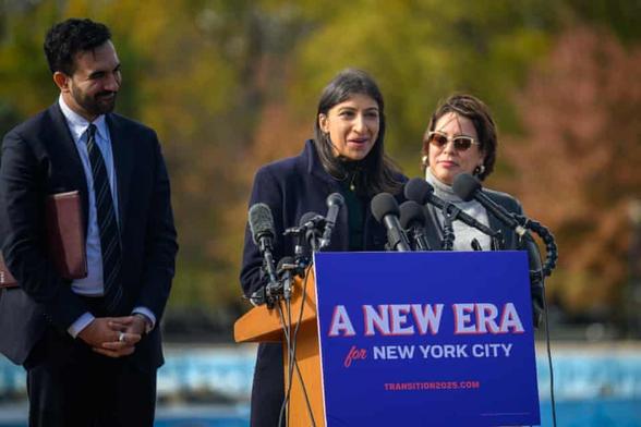 Lina Khan speaks during a press conference at the Unisphere in Queens on 5 November 2025.
Photograph: Alexi J Rosenfeld/Getty Images