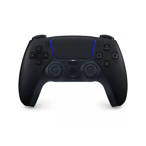 Manette Sony DualSense noire pour PS5 et PC, design ergonomique avec éclairage subtil, sticks symétriques et boutons modernes, posée sur un fond sombre pour mettre en valeur son esthétique élégante.