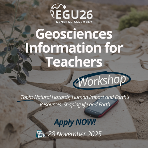 Image description: A background of rocky terrain  with text reading: "Geosciences Information for Teachers Topic: Natural Hazards, Human Impact and Earth's Resources: Shaping life and Earth Apply NOW!"