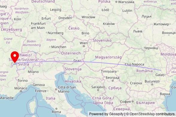 A map showing the great circle route from Tecuci in Romania to a map pin at Église Saint-Pierre, Rue du Jura 13, 1030 Bussigny, Switzerland