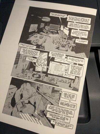 Photo of a Riso test print from a comic book, Art Künstlich by Josef Zorn, depicting a man in a dark room sleeping.