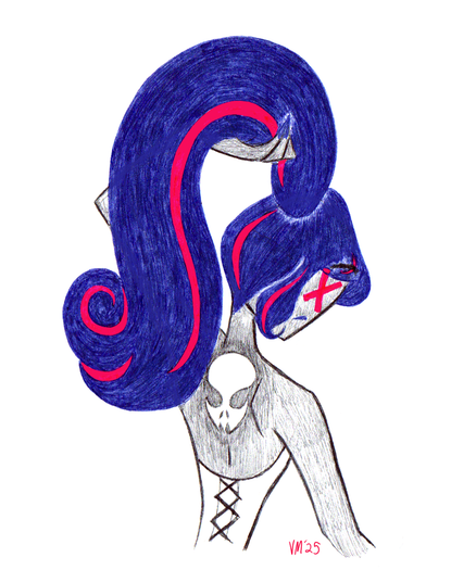 Prince Sapphire in her late 19th-century undergarments lifting her ponytail up to show a white death's-head mark between her shoulder blades.