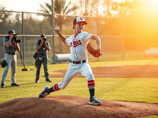 Young baseball pitcher on the mound during a baseball pitching assessment, preparing to throw as coaches observe in the background.