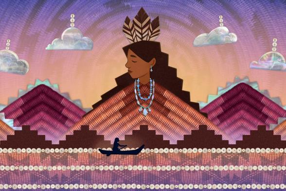 Colorful illustration of a woman wearing feathered regalia and turquoise jewelry rising from stylized mountains, with a small figure paddling a canoe across patterned water beneath pastel clouds.