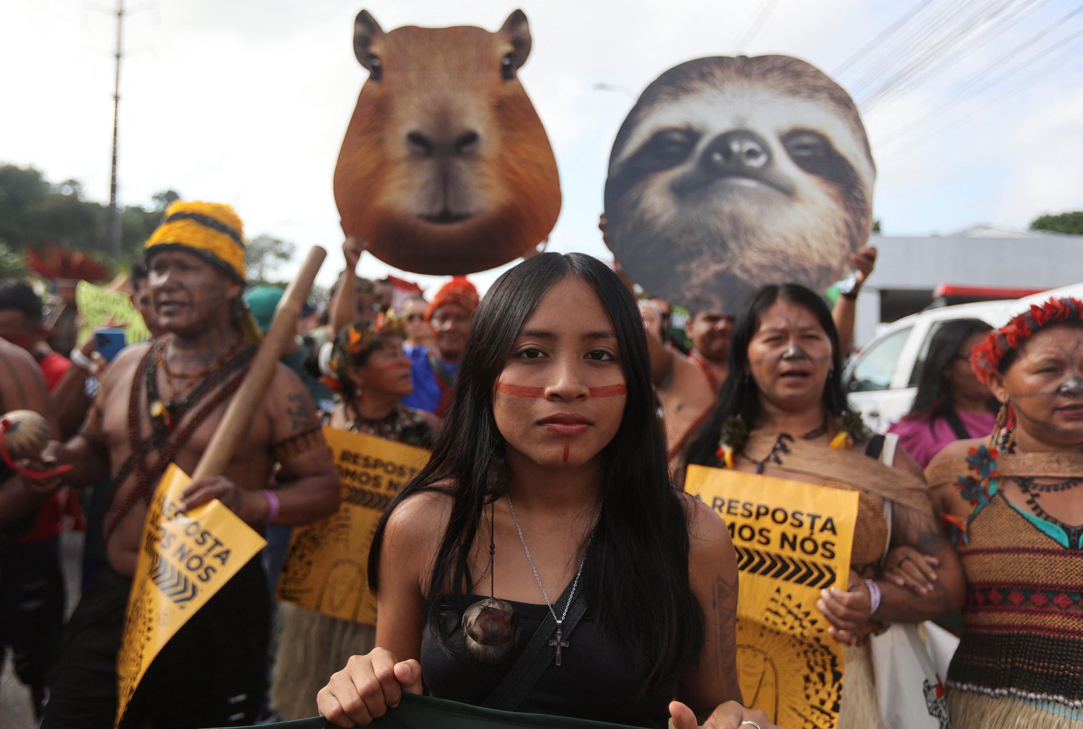 Indigenous people take part in a protest to call for climate justice outside the Cop30 summit in Belém, Brazil.