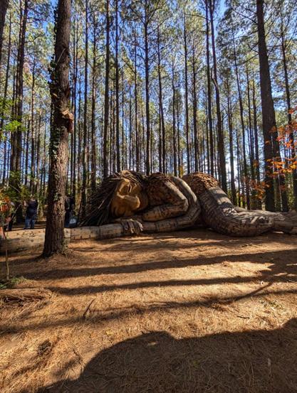 A 16 feet wood sculpture of a troll laying on the floor