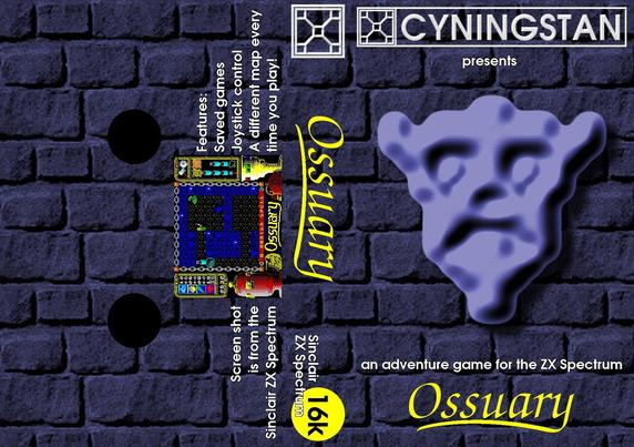 The cassette inlay for the ZX Spectrum version of Ossuary. The front features one of the gargoyle faces from the game graphics, inexpertly enlarged. Seriously, on the in-game title screen, it looks more like a teddy bear. The rear of the cassette inlay has a gameplay screenshot.