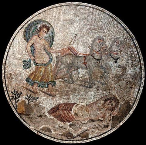 Roman mosaic of Selene or Luna and Endymion. The goddess has descended from the sky, her lunar chariot pulled by two silver horses in the background. Luna, with her iconic billowing cloak and a lunar crescent on her head that looks like horns, approaches a sleeping Endymion.