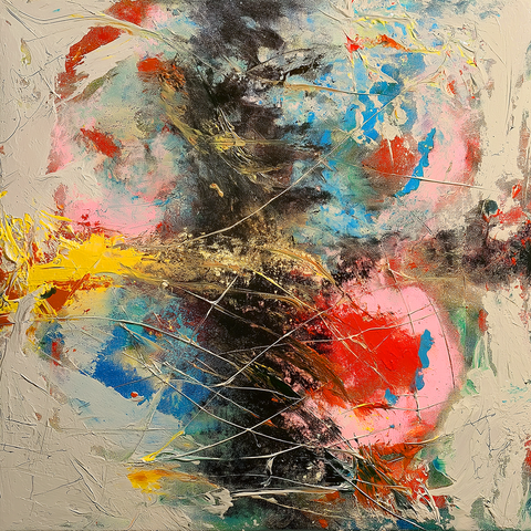 This abstract painting radiates motion and intensity through bold color contrasts and layered texture. Swirls of deep black and smoky gray intersect with explosive bursts of pink, blue, yellow, and red. The brushwork is vigorous and physical — paint appears scraped, dragged, and splattered across the surface. A golden-yellow streak slashes diagonally across the center, dividing the canvas into turbulent halves. Around it, lighter areas of cream and teal provide breathing space amid the chaos. The energy feels almost cosmic — like a collision or fusion of forces, full of depth and turbulence.